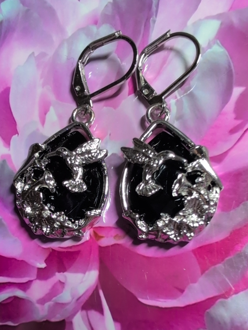 Silver Black Hummingbird Floral Drop Earrings